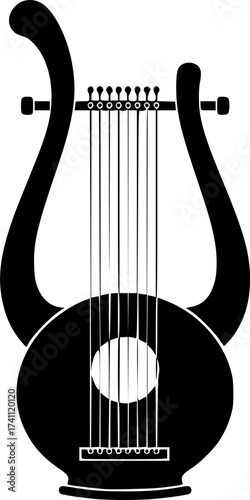 Black Vector Silhouette: Harp or Lyre (Praise & David)	A detailed black vector silhouette of a Harp or Lyre (ancient stringed instrument), often associated with King David and themes of praise, music,