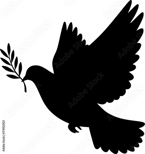 Black Vector Silhouette: Dove with Olive Branch (Peace & Covenant) A graceful black vector silhouette of a dove in flight carrying a single olive branch in its beak. Represents peace, t
