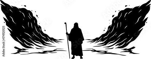 Black Vector Silhouette: Moses Parting the Red Sea	A dramatic black vector silhouette depicting Moses standing on a shore with his staff raised, facing the sea, 