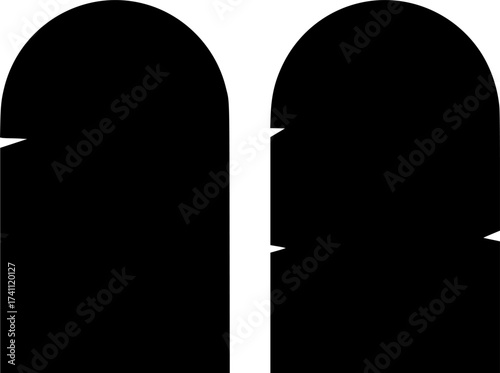 Black Vector Silhouette: Tablet of Ten Commandments	A strong, clear black vector silhouette of two arched stone tablets, clearly representing the Ten Commandments.