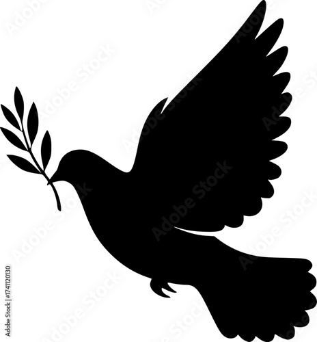 Black Vector Silhouette: Dove with Olive Branch (Peace & Covenant) A graceful black vector silhouette of a dove in flight carrying a single olive branch in its beak. Represents peace, t