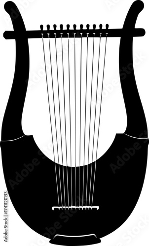 Black Vector Silhouette: Harp or Lyre (Praise & David)	A detailed black vector silhouette of a Harp or Lyre (ancient stringed instrument), often associated with King David and themes of praise, music,