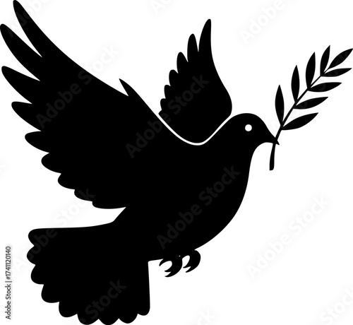 Black Vector Silhouette: Dove with Olive Branch (Peace & Covenant) A graceful black vector silhouette of a dove in flight carrying a single olive branch in its beak. Represents peace, t