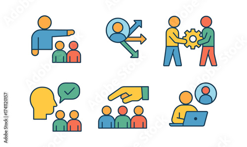 Flat minimalist icons depicting leadership, teamwork, and communication concepts