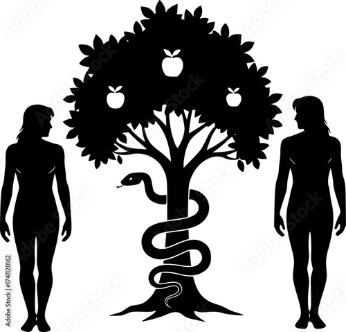 	Black Vector Silhouette: Adam and Eve with Apple and Serpent	A conceptual black vector silhouette showing the figures of Adam and Eve standing near a tree (Tree of Knowledge). A subtle serpent