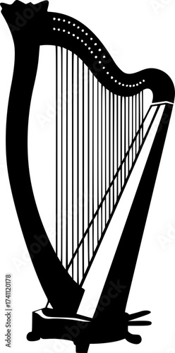 Black Vector Silhouette: Harp or Lyre (Praise & David)	A detailed black vector silhouette of a Harp or Lyre (ancient stringed instrument), often associated with King David and themes of praise, music,
