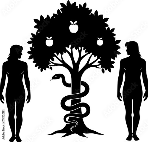 	Black Vector Silhouette: Adam and Eve with Apple and Serpent	A conceptual black vector silhouette showing the figures of Adam and Eve standing near a tree (Tree of Knowledge). A subtle serpent