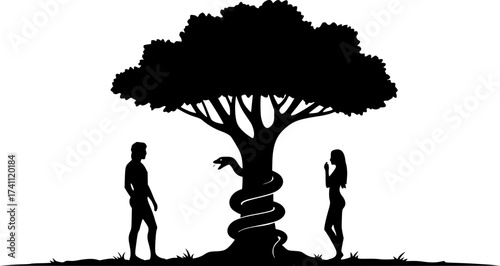 	Black Vector Silhouette: Adam and Eve with Apple and Serpent	A conceptual black vector silhouette showing the figures of Adam and Eve standing near a tree (Tree of Knowledge). A subtle serpent
