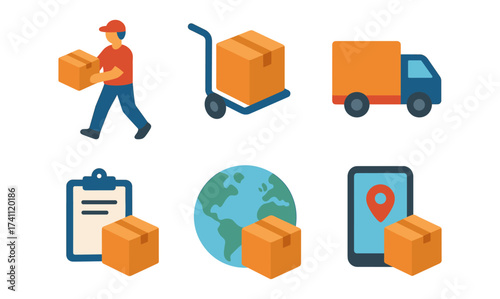 Flat delivery icons set: parcel, truck, tracking, and global shipping concepts