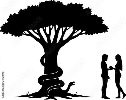 	Black Vector Silhouette: Adam and Eve with Apple and Serpent	A conceptual black vector silhouette showing the figures of Adam and Eve standing near a tree (Tree of Knowledge). A subtle serpent