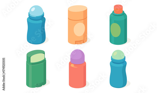 Colorful isometric deodorant collection featuring various design styles