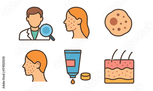 Acne treatment dermatology: skincare icons and infographics in a flat style