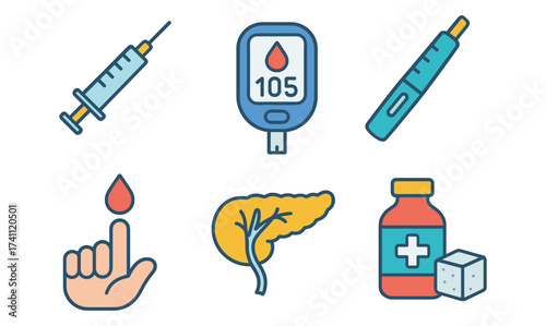 Medical equipment and symbols for diabetes management in flat design