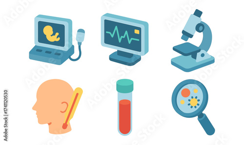 Medical equipment set featuring modern devices and diagnostic tools in isometric style