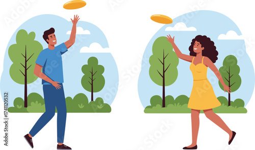 Couple playing frisbee, outdoor park activity, joyful moment, casual summer scene, green nature background, lifestyle illustration, fun interaction, leisure time