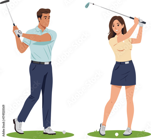Couple playing golf, illustrated swing technique, outdoor sports scene, casual golf attire, green grass background, lifestyle artwork, athletic posture, recreation