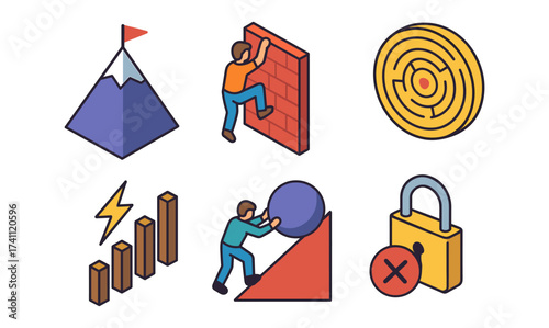 Isometric challenge icons: climbing, maze, graph, lock, sisyphus, and mountain adventure