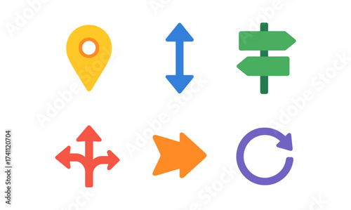 Colorful navigation and arrow symbols for directional signage and interface design