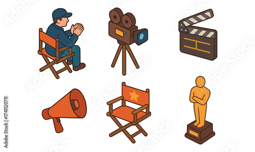 Isometric cinema icons featuring director, film camera, clapperboard, megaphone, director's chair, award