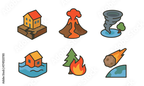 Set of colorful disaster icons featuring natural catastrophes and environmental hazards