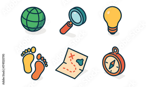 Adventure travel icons: map, compass, globe, magnifying glass, light bulb, footprints
