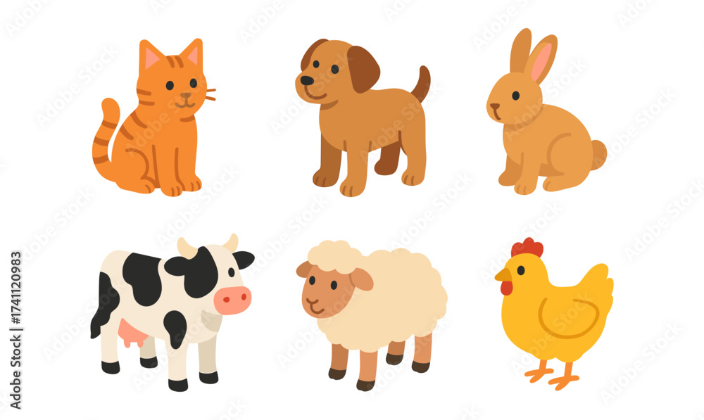 Fototapeta premium Cute farm animals set featuring cat, dog, rabbit, cow, sheep, and chicken in flat style
