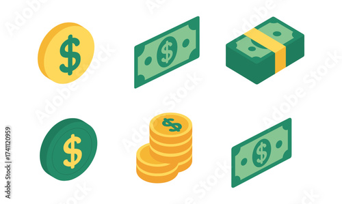 Isometric currency icons: coins and banknotes in modern financial design