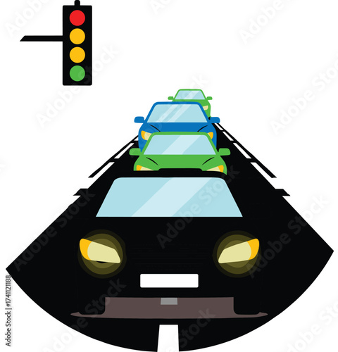 Traffic jam illustration, cars waiting at red light, urban street congestion vector, automobile queue on road, city transport problem, stop signal background design