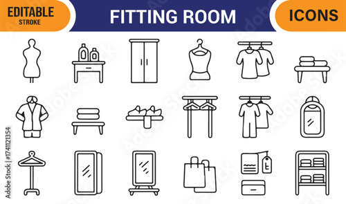 Shopping and fitting room outline icons pack, clean vector illustration for retail and fashion