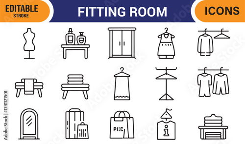 Editable fitting room icons collection, minimalist stroke vector for fashion store projects