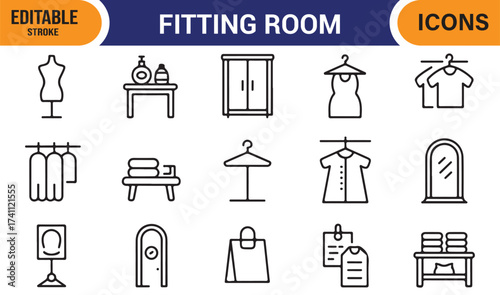 Fashion fitting room vector pack, outline icons of mirror, mannequin, and garment symbols