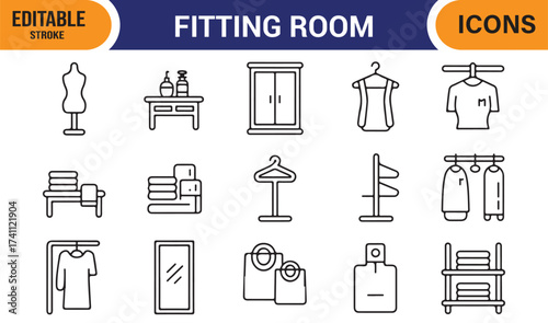 Fashion store and fitting room line icon pack, outline vector collection for boutique design