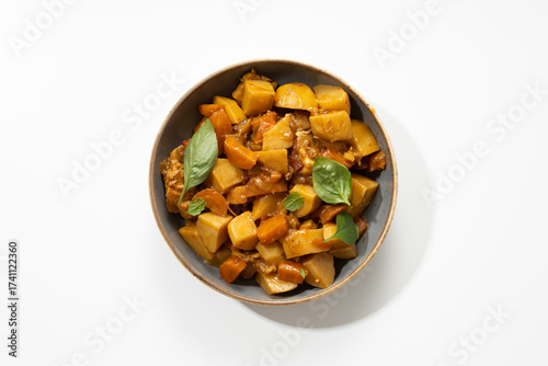 Potatoes stewed dish with meat and carrots top view