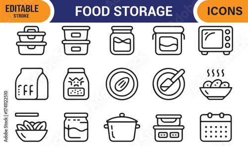 Minimal food storage vector icons, editable stroke collection of kitchen containers and pots