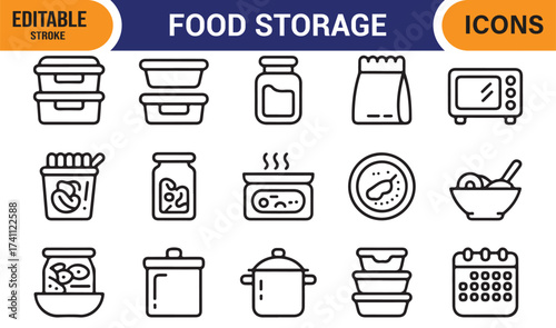 Food preservation icon set, clean line vector symbols for meal prep and healthy lifestyle