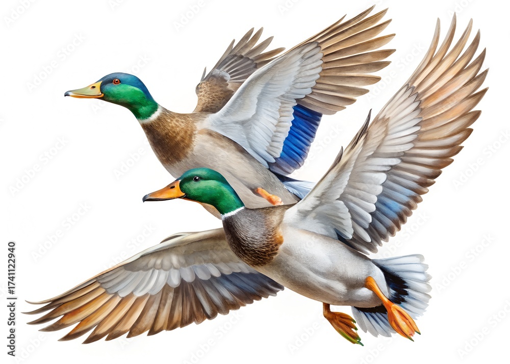 Obraz premium Two mallard ducks flying together isolated on white background, showcasing their vibrant plumage and graceful flight