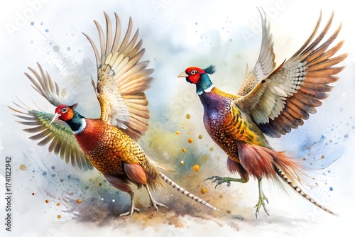 Two colorful pheasants flying together, painted with watercolor, isolated on white background symbol of prosperity