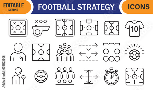 Football field and strategy icon set, outline vector symbols for teamwork and training design