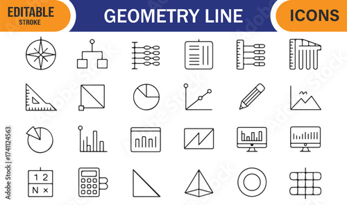 Geometry line icons set, editable vector collection of math tools, shapes, and educational symbols