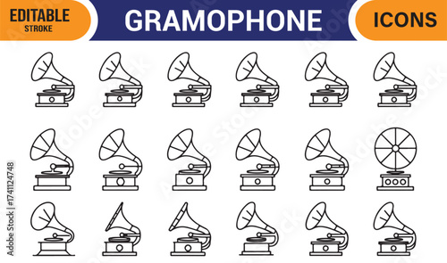 Gramophone outline icon pack – vintage design elements for music and entertainment use.