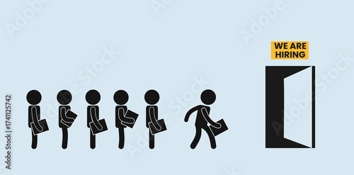 Stickman Characters Standing in Line for Job Interview with ‘We Are Hiring’ Sign