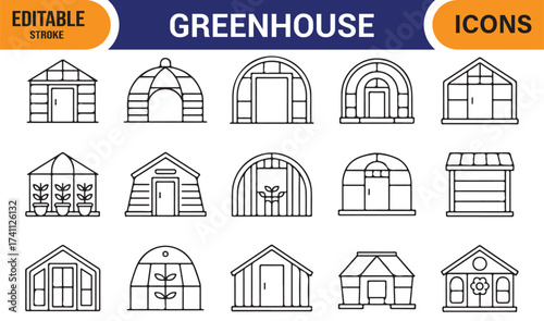 Plant growth and greenhouse icons – editable stroke vector illustrations for eco design.