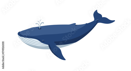 Blue whale depiction with water spout in minimalist art style