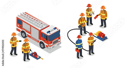 Isometric firefighting scene with firefighters and fire truck, equipment, and uniforms