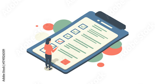 Isometric checklist app with person for task management and productivity