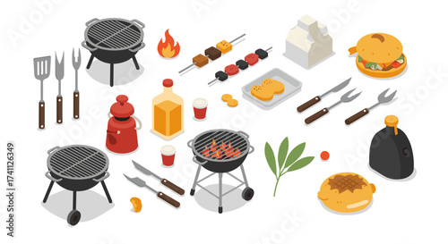Isometric bbq set with grills, skewers, and summer picnic essentials