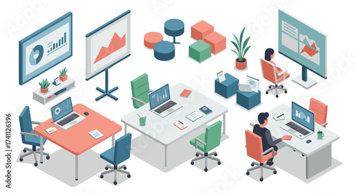Modern isometric office workspace with computers and seating in a collaborative environment