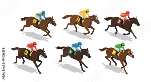 Isometric horse racing scene with jockeys in colorful uniforms on numbered horses