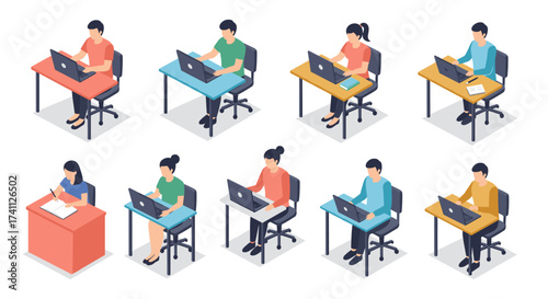Diverse isometric office workspace set with people on laptops and desks in various colors