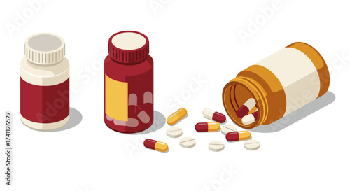 Colorful capsule and pill bottles in isometric view on white background